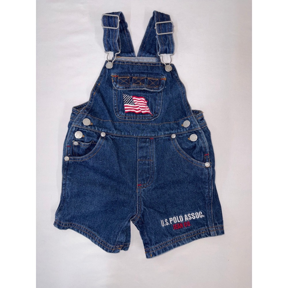 US Polo Assn Kids Denim Shortalls 18M Blue American Flag Overalls